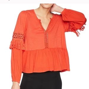 Lucky Brand 🍀 poppy red/orange long sleeve top with fringe and crochet details